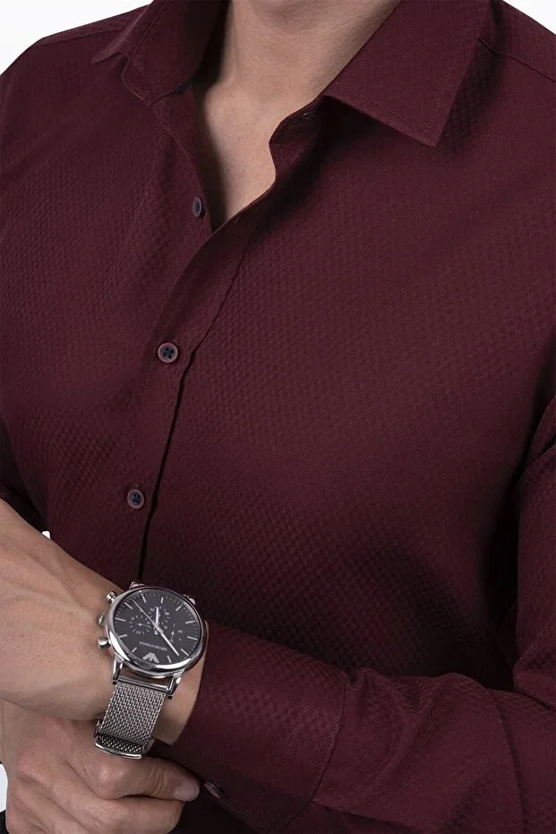 Dark Burgundy Herringbone Slimfit Men's Shirt