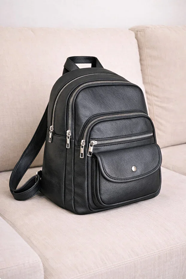 Women's Black Medium Size Multi-Compartment Leather Backpack – Daily Use Zippered Spacious Stylish Design