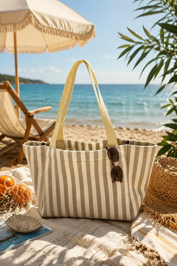 Striped Pattern Woven Beach Bag (Cream Handle)
