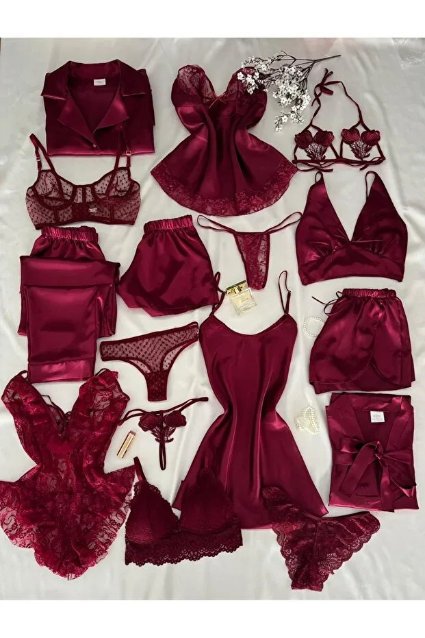 Boxed 16 Piece Mudodo Bordeaux Satin Pajama Nightgown Robe Lingerie Dowry Set