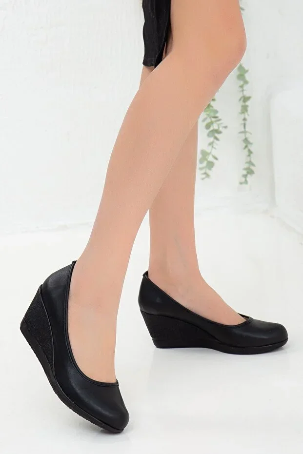 Padded Sole Faux Leather Orthopedic Black Women's Wedge Heel Shoes