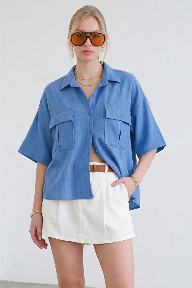 Indigo Envelope Pocket Oversize Sofia Linen Shirt ALC-X15329