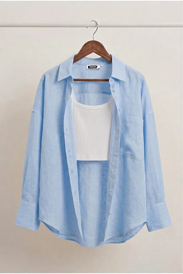Shiron Sportswear&Company Blue Women's Oversize Linen Shirt 100% Cotton
