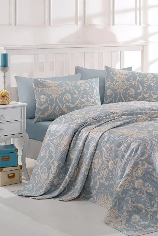 Patterned Pique Set Double Bed Canvas Blue (Pique+Sheet+Pillowcase)