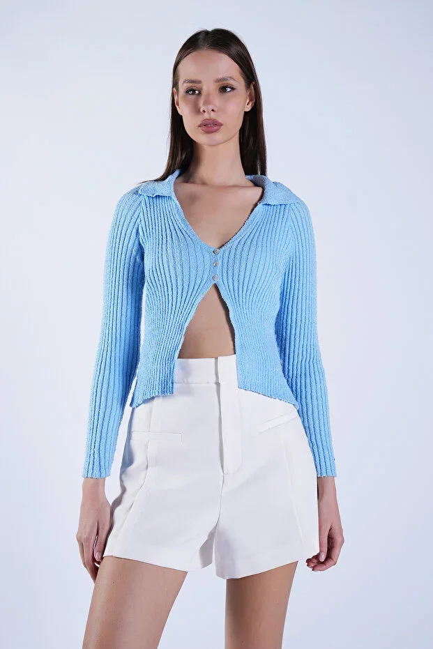 Blue Polo Neck Knitted Cardigan ALC-X15128