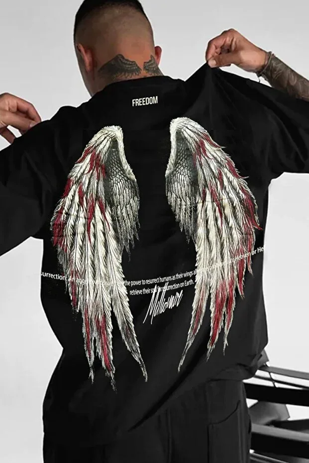 Men's Freedom Wing Print Black Oversize Loose T-Shirt