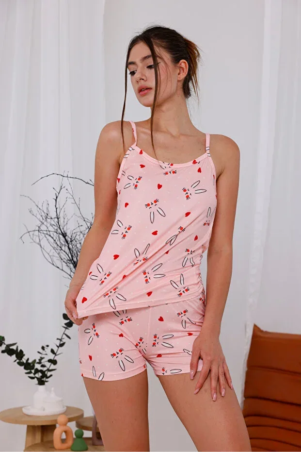 Pink Rabbit Print Soft Texture Fabric Strap Short Knitted Pajama Set