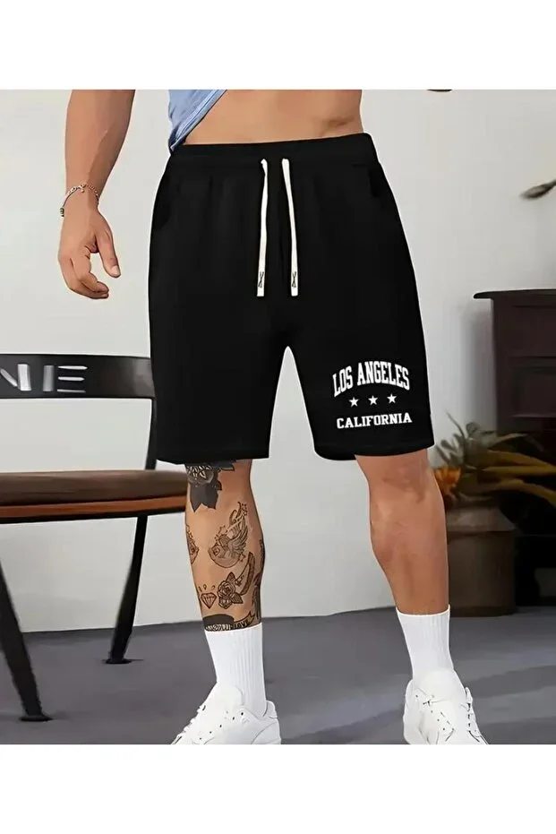 Men's Los Angeles Print Bermuda Pocket Drawstring Regular Fit Black Shorts