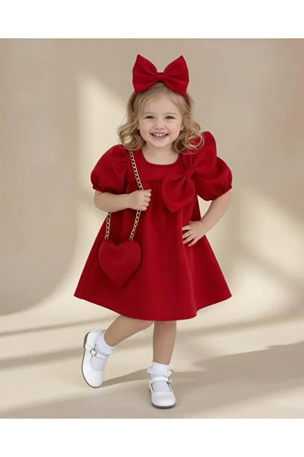 SHORT SLEEVE HEART BAG RED SCUBA BOW DRESS