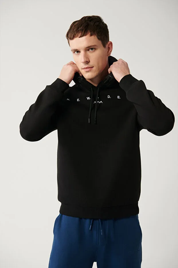 Men's Black Fleece Fabric Hooded Neck Embroidered Sweatshirt A32Y1393