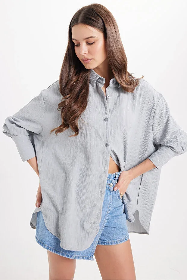 Tudors Women's Oversize Wide Fit Crinkled Dart Detailed Long Sleeve Textured Grey Shirt