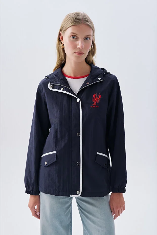 Women's Navy Blue Embroidered Hooded Raincoat