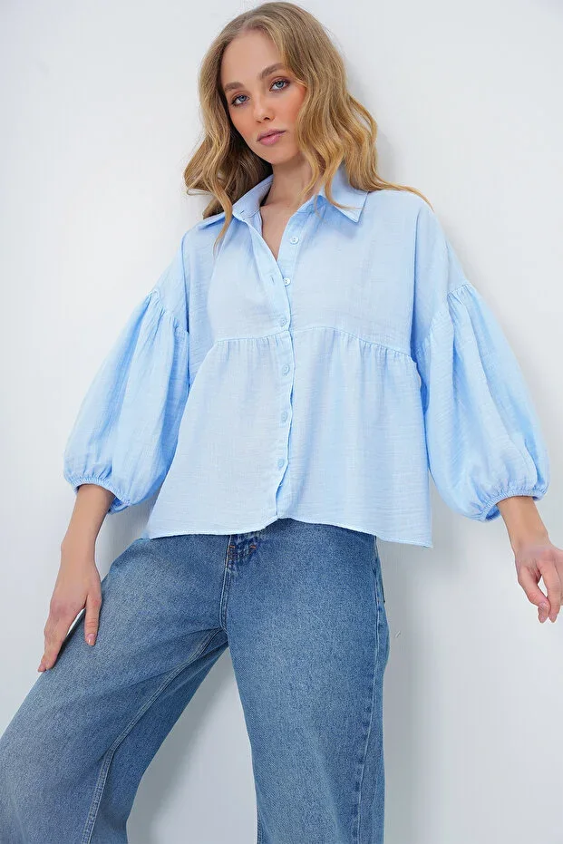 Women's Baby Blue Balloon Sleeve Elasticated Hem Ruffled Linen Shirt ALC-X13507
