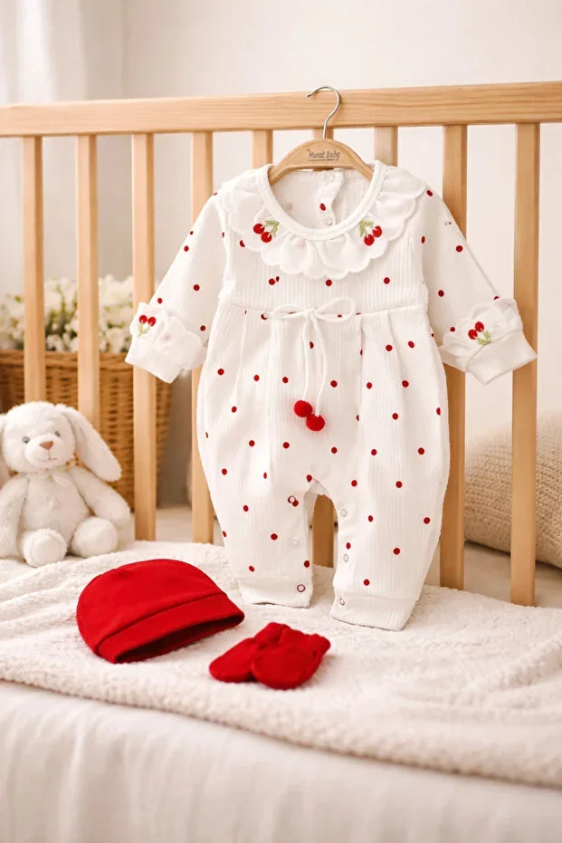 Cherry Elegance 3-Piece Set (Romper + Hat + Gloves)