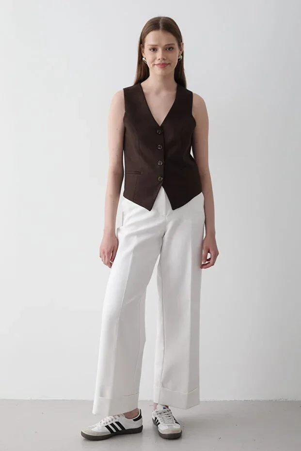 Brown Lined Button Detailed Vest