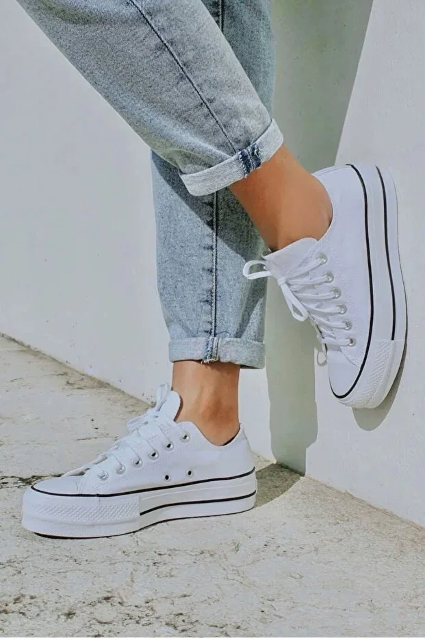 Thick-Soled Black and White Mid-Calf Linen Sneaker Sports Shoe