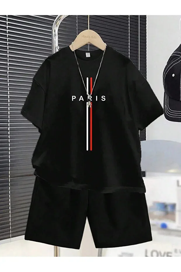 Children's "PARIS" Special Print Round Neck T-shirt - Shorts Set
