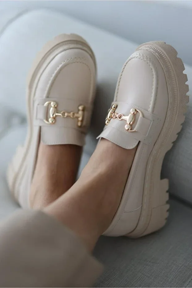 Women's Thick Sole Loafer Moccasin Shoes Gc Beige Gold Buckle