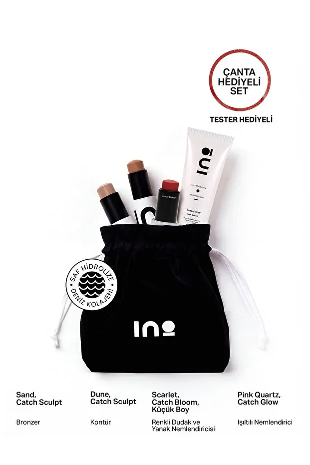 inobeauty Dune Contour + Sand Bronzer + Pink Quartz Moisturizer + Scarlet Lipstick & Blush 4.5Gr + Makeup Bag