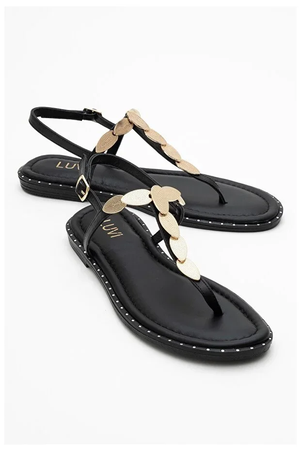 MAREA Black Genuine Leather Thong Sandal with Gold Buckle for Women
