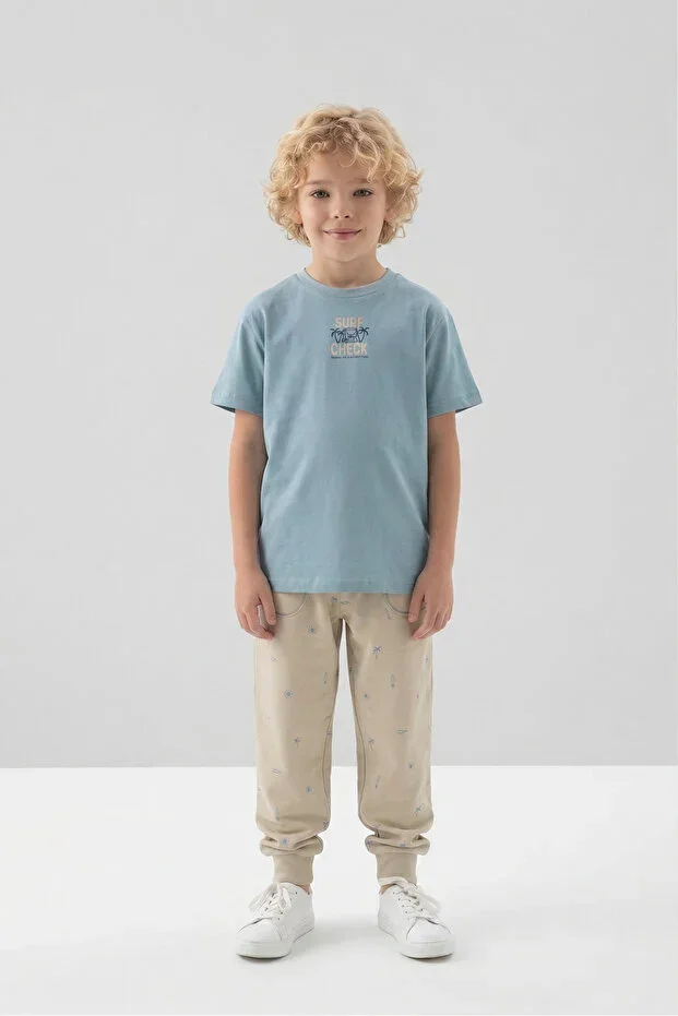 Bicycle Collar Tropical Patterned Boys 2-Piece Top Bottom T-shirt Pants Summer Tracksuit Set