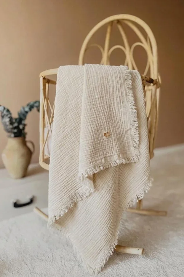 Four Layer Tassel Organic Muslin Blanket 80X120 Cm Naturel