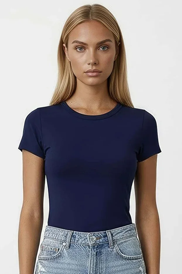 Navy Blue Crew Neck Basic T-Shirt ALC-X15455