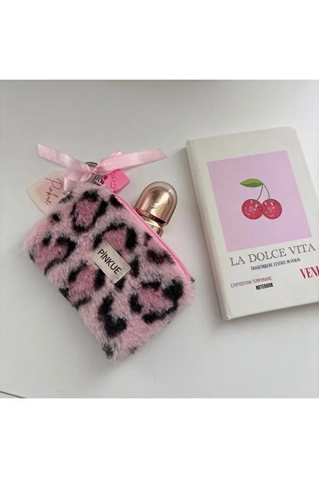 Leopard Print Plush Mini Wallet with Keychain Zippered Card Holder (Pink)