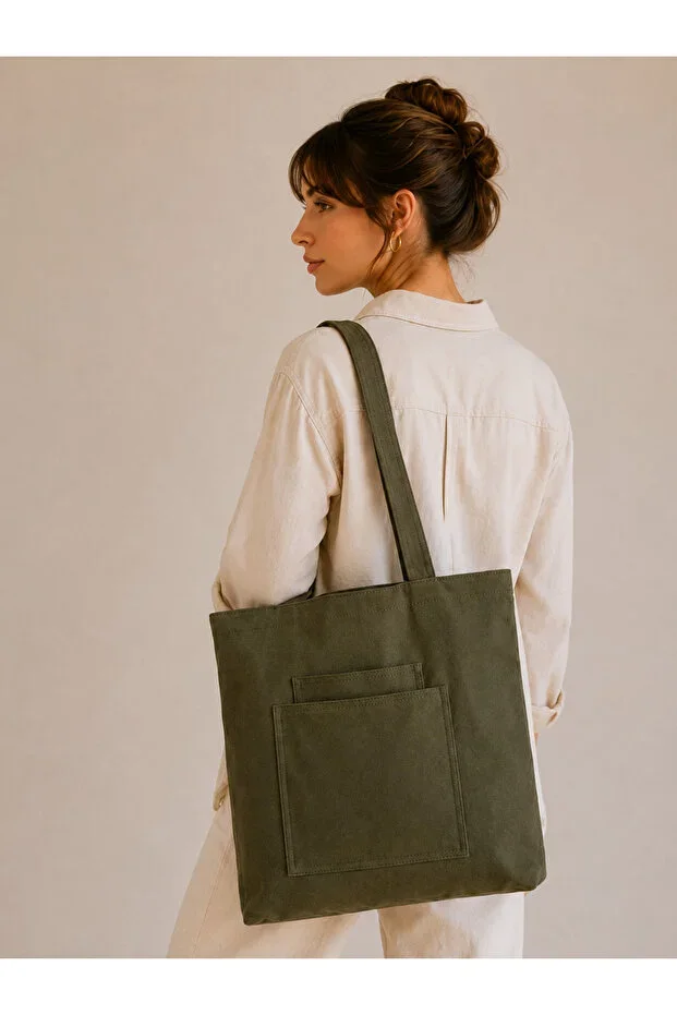 Women's Khaki Zippered Hand and Shoulder Bag Fabric Cloth Bag Special Production Creation