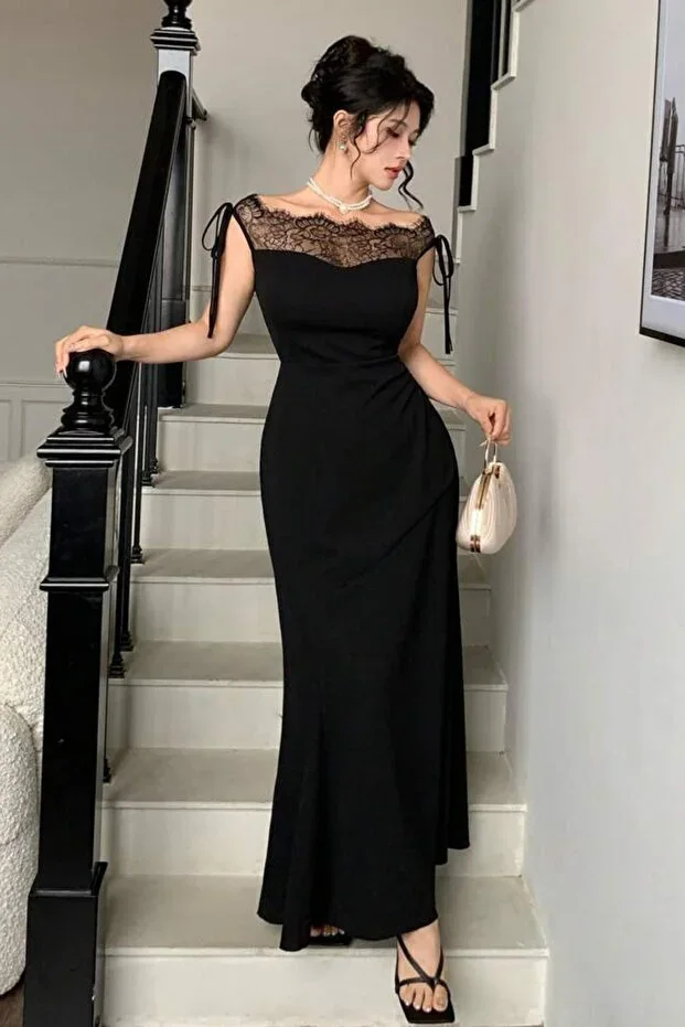 Viyamo New Season Women's Elegant Lace Detailed Boat Neck Look Long Evening Dress