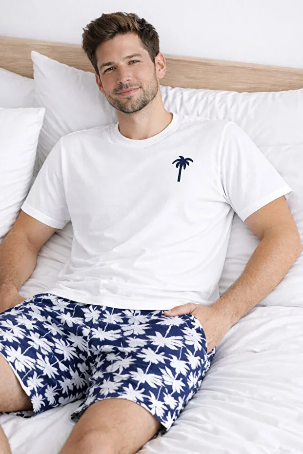 Men's Cotton Short Sleeve Palm Print Pocketed Shorts Pajama Set