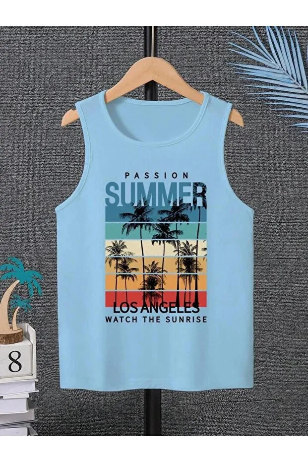Boys Sleeveless Baby Blue Summer Los Angeles Printed Jersey T-Shirt