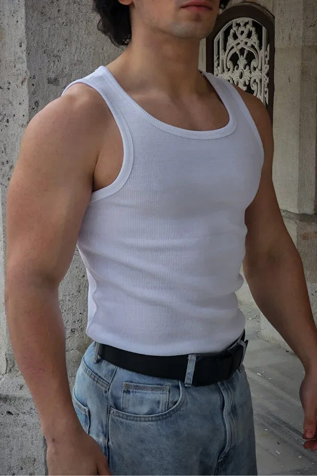 Men's Ribbed Tank Top - Cotton Flexible Athletic Cut (White)