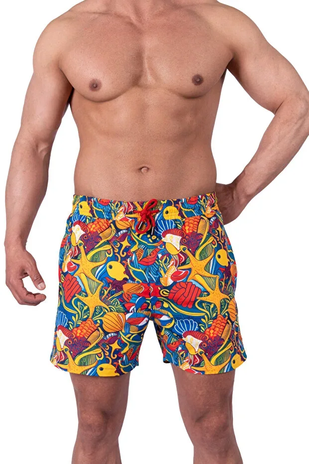 Marine Life Men's Beach Shorts Quick-Drying AquaDry Fabric, Tropical Pattern, Zippered Pockets