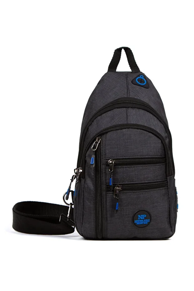 Men's Black Blue Linen Multi-functional Bag with Earphone Hole and USB Output, Sling Crossbody and Waist Bag