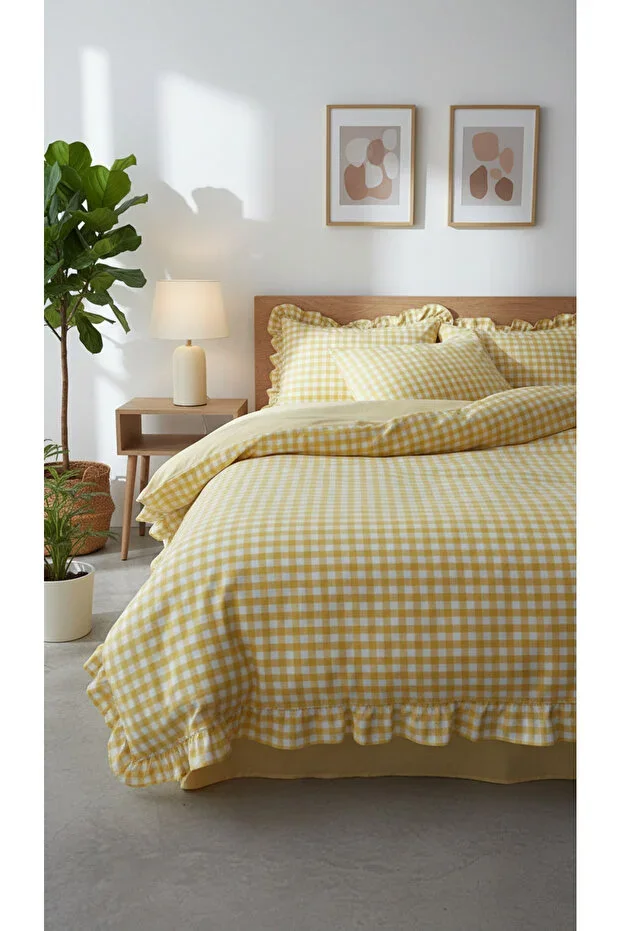 Ruffled Cotton Yellow Gingham Cotton Double Duvet Cover Set