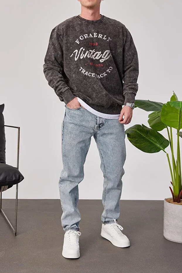 Men's Charcoal Vintage Print Washed Sweatshirt