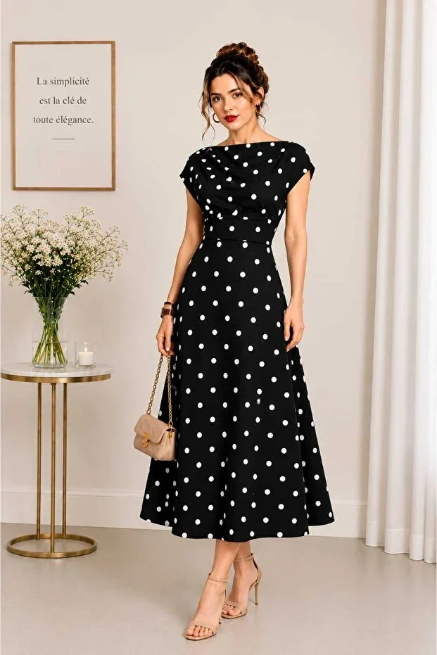 Women's Boat Neck Drape Detailed Polka Dot Midi Dress