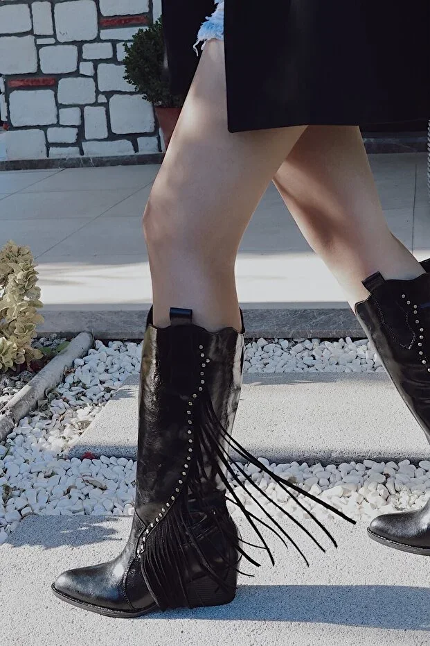 Tassel Püskül Detaylı Troklu Uzun Diz Altı Western Kadın Kovboy Çizme