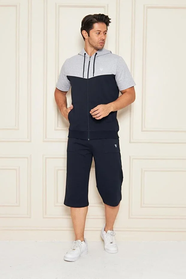 Men's Cotton Hooded Capri Set Grey / Navy 7501-G.L.