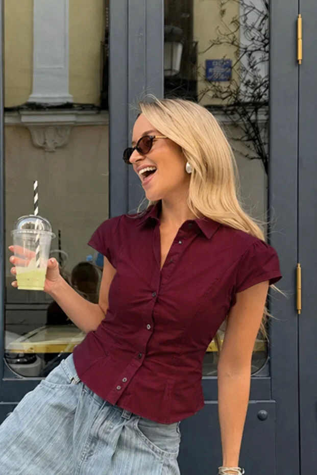Hola Lady Burgundy Short Sleeve Slim Fit Shirt HL21