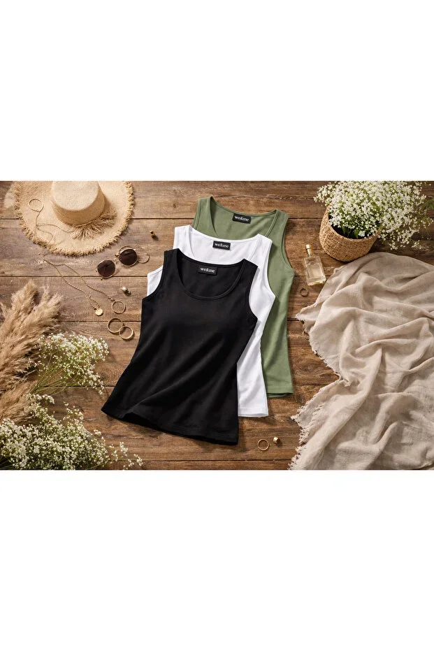 Women's Wide Strap U-Neck 100% Cotton Tank Top 3-Pack (Khaki – Black – White) | Opaque