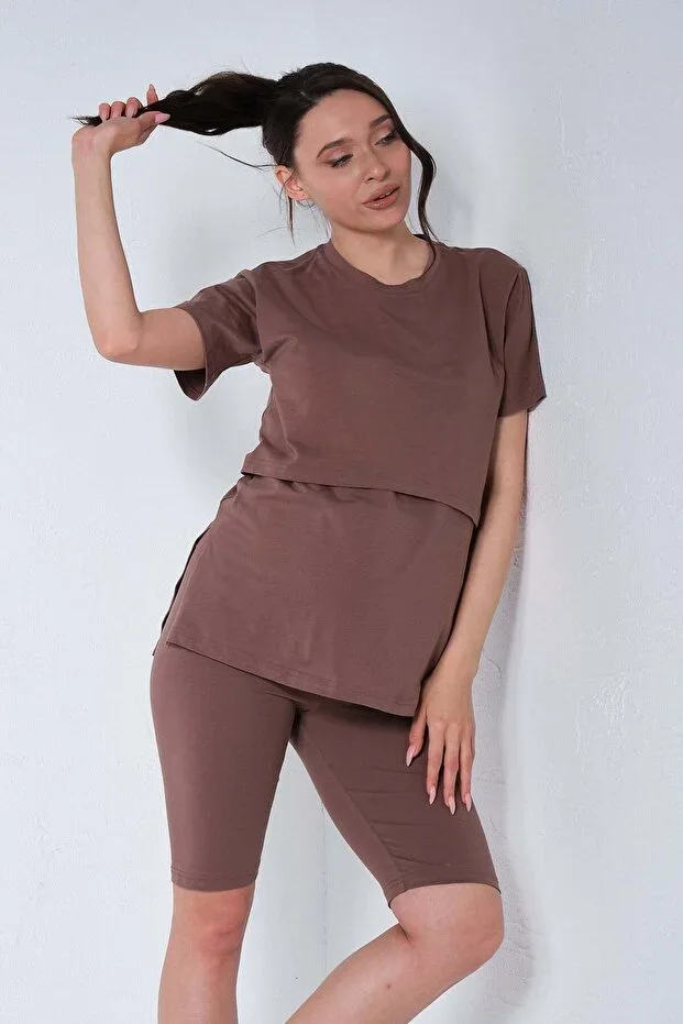 Maternity Nursing Detailed Waist Adjustable Short Sleeve Leggings Set BROWN