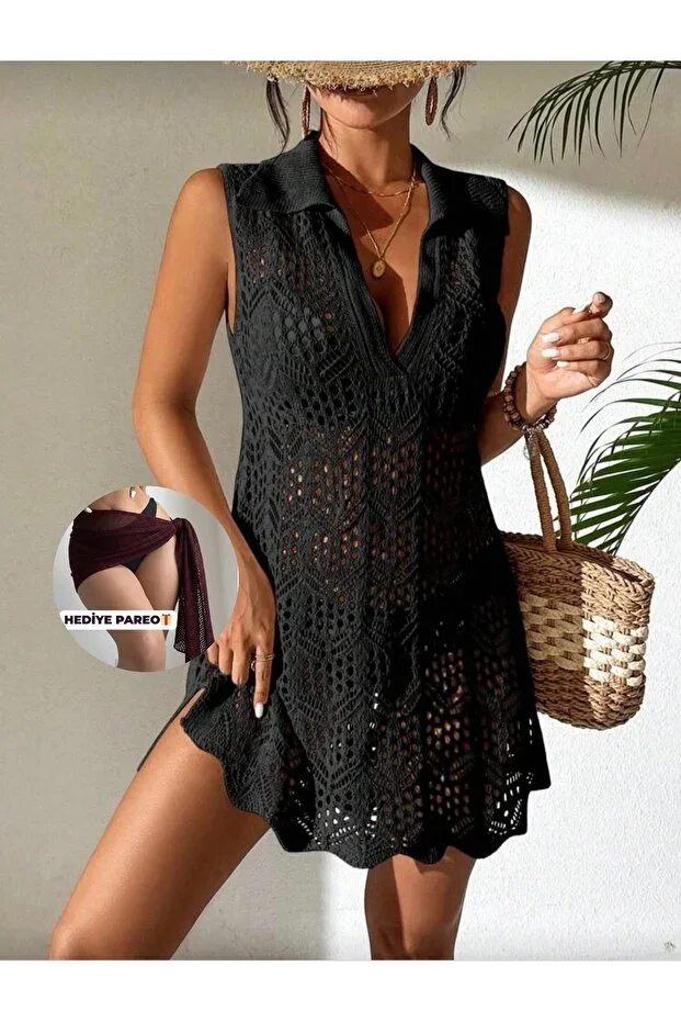 Hollow Pattern Shirt Collar Sleeveless Buttoned Model Bikini Top Comfortable Fit Knit Beach Dress