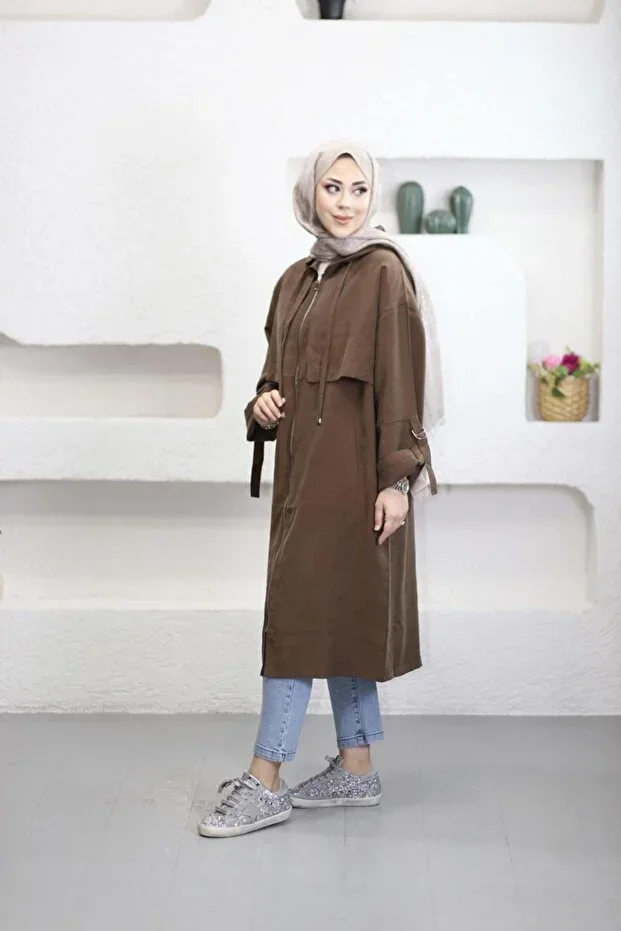Suede Style 6348- Comfortable Stylish Zippered Pocket Sleeve Tie Detail Soft Modal Fabric Long Hooded Women's Tunic
