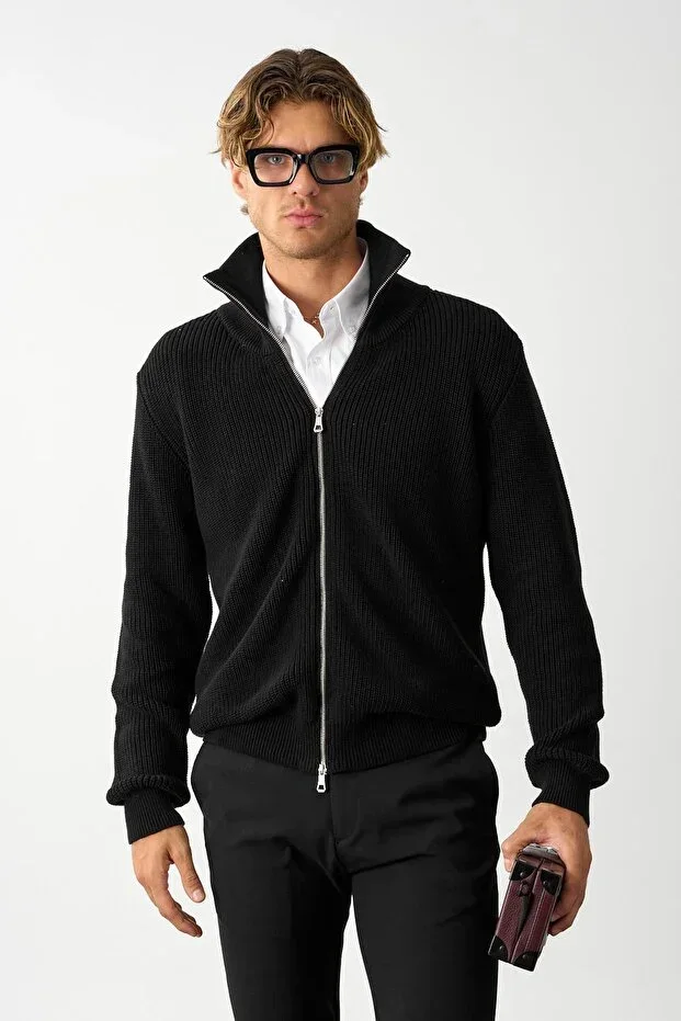 Men's Regular Fit Ribbed Knit Cotton Zip-Up Black Cardigan