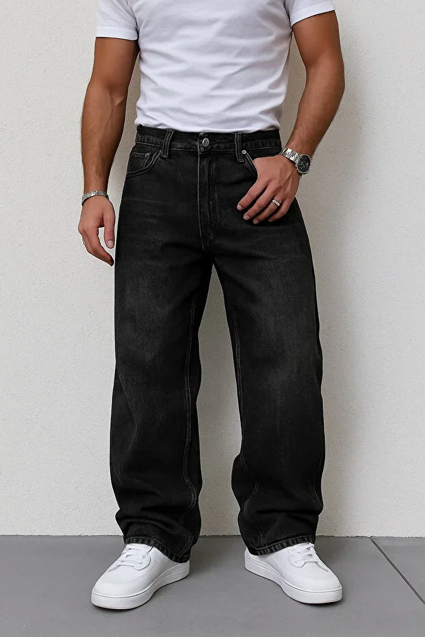 Black Stone Washed Baggy Fit Non-Stretch Comfortable Cut Jean Pants