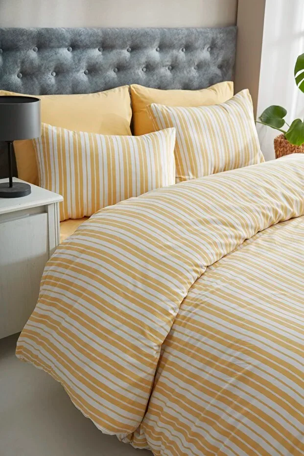 Striped Yellow Single Cotton Linen Duvet Cover Set
