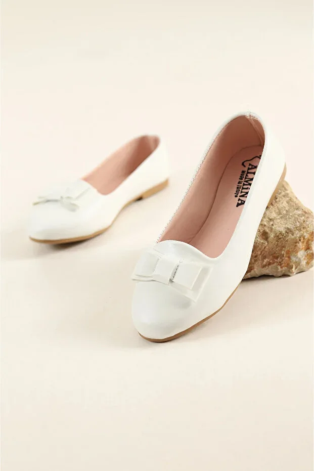 ALMİNA Shoes Girl Child Bow Detail White Ballet Flats