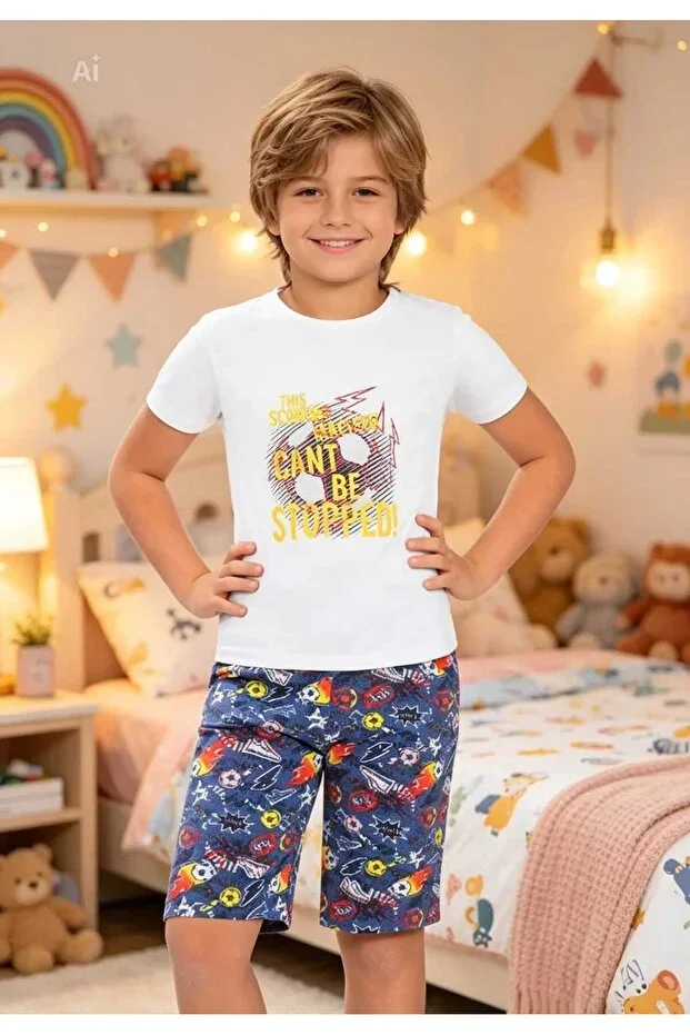 Boys T-shirt & Shorts Cotton Combed Pajama Set White Blue Football Pattern